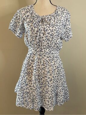 Rusty blue white ditsy floral A-line dress cottage vibes SZ M